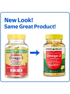 Spring Valley Apoyo Proactivo Omega-3 Suplemento Dietético de Aceite de Pescado Cápsulas Blandas para la Salud Del Corazón/general/cerebro, 1000 mg, 60 Unidades